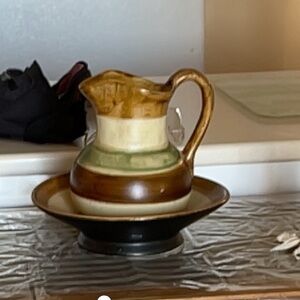 Striped Ceramic Pitcher and Basin Set - Brown, Green, Cream